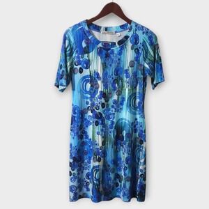 Snoskins Womens Blue Abstract Geometric Print Short Sleeve Shift Dress Size XS‎